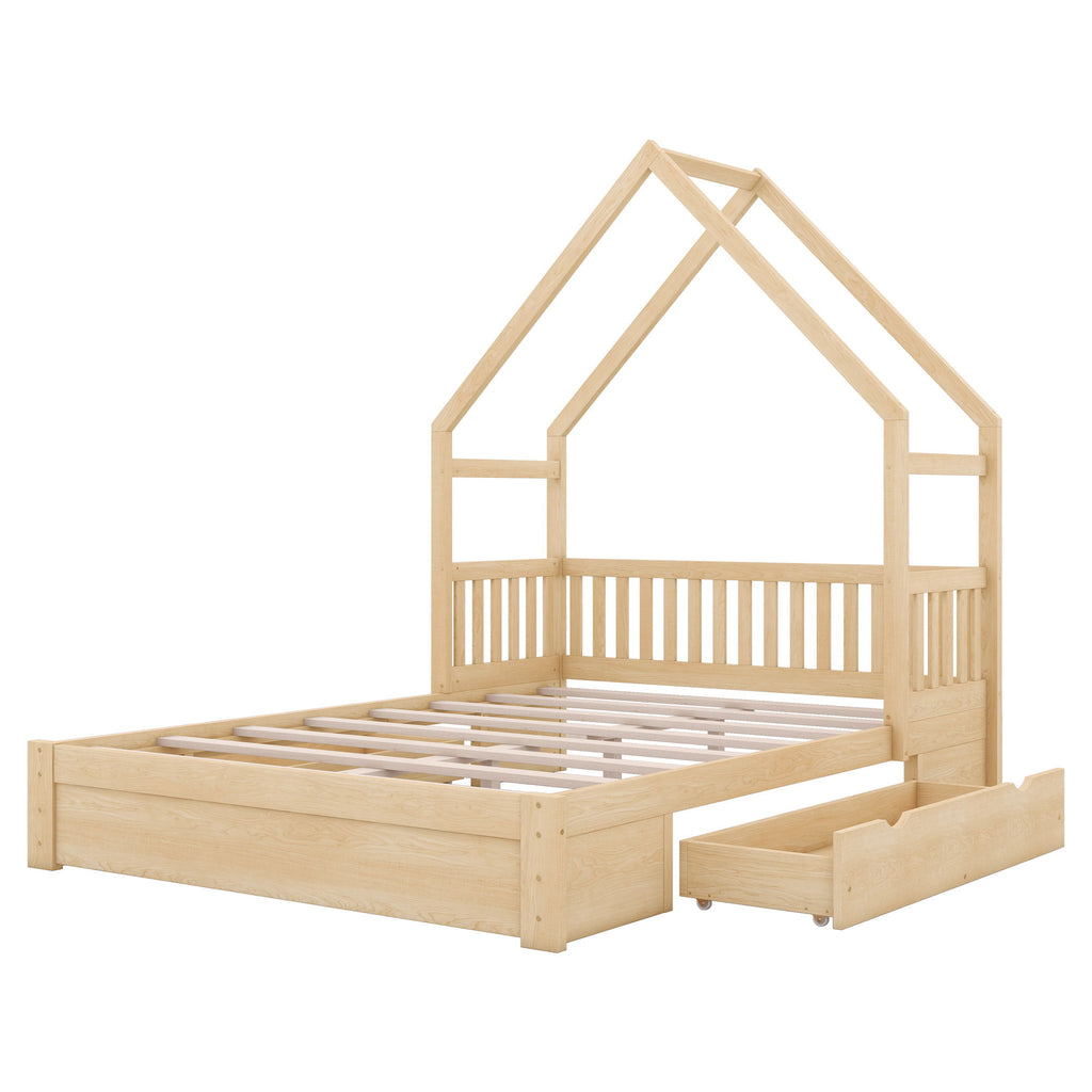 House Style Platform Bed With Guardrail And 2 Drawers