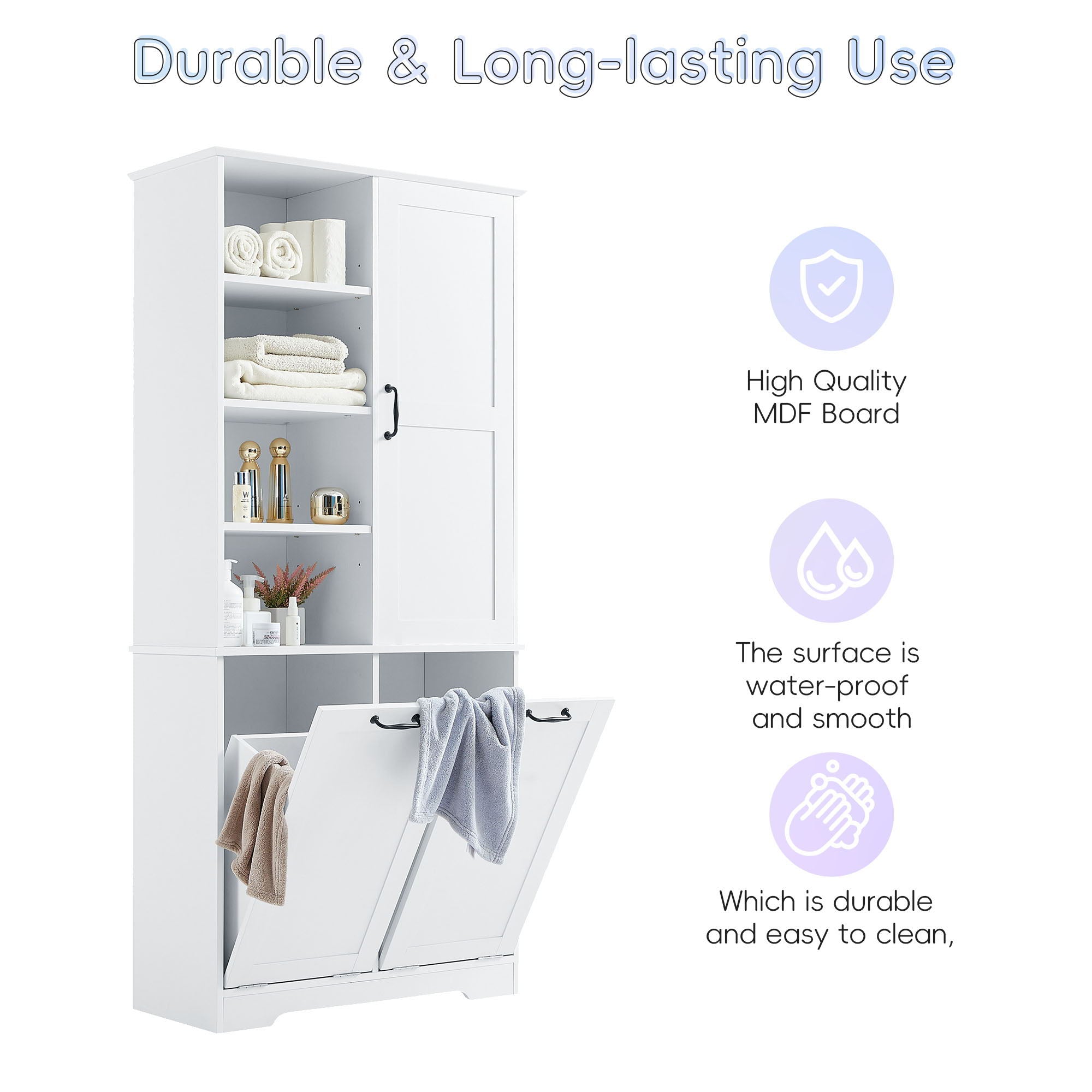 Freestanding Bathroom Storage Cabinet With Doors And Drawers, Adjustable Shelves, Tilt-Out Laundry Hamper