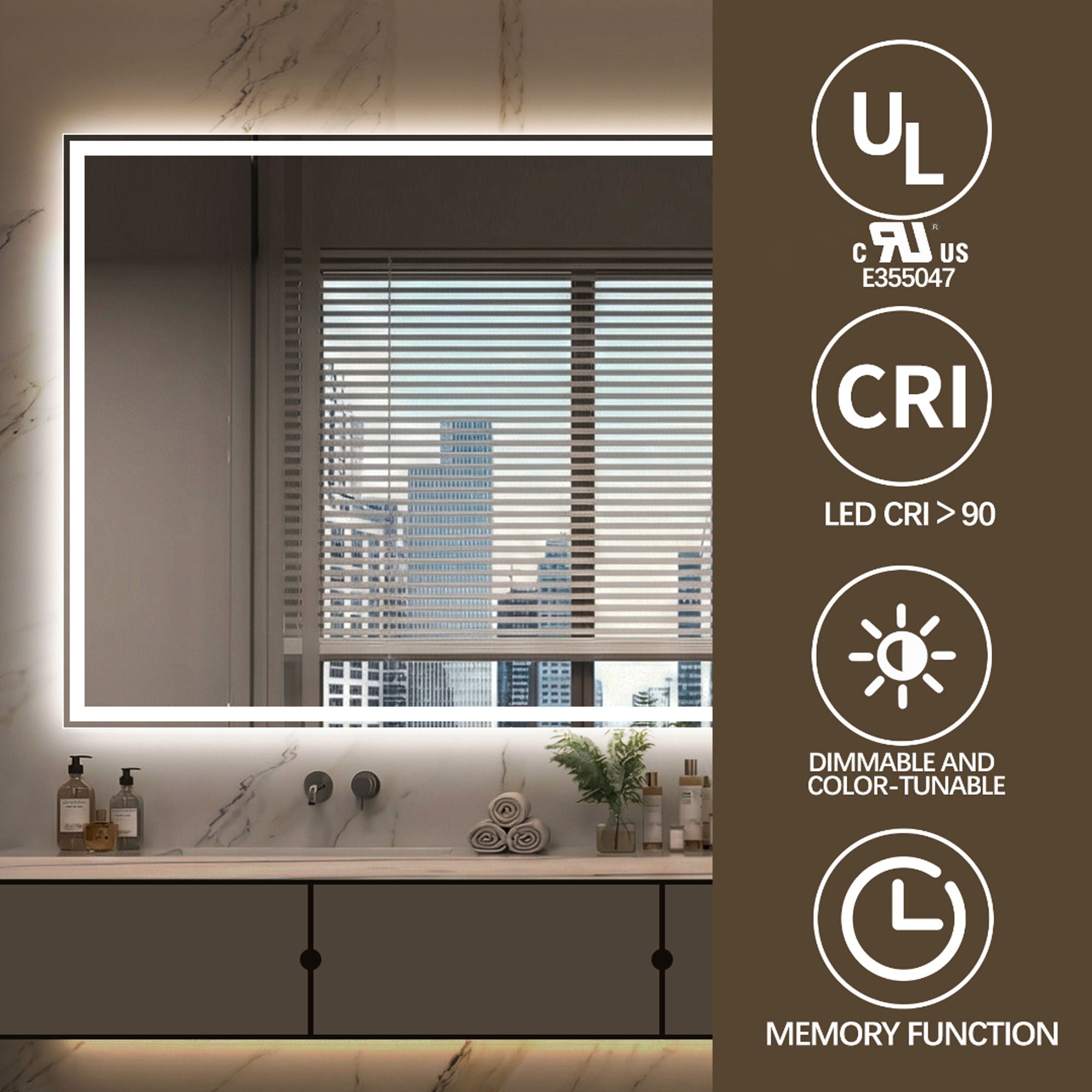 LED Bathroom Vanity Wall Mirror With Straight Edge Design, Frosted Glass Finish, Anti Fog, Dimmable 3 Color Lighting - Silver