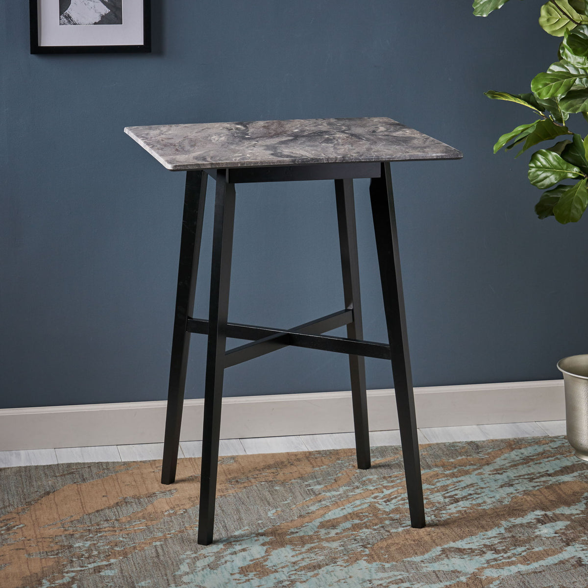 Modern Bar Height Dining Table, Rubberwood Legs And Laminate Table Top, Paladina Marble - Gray / Black
