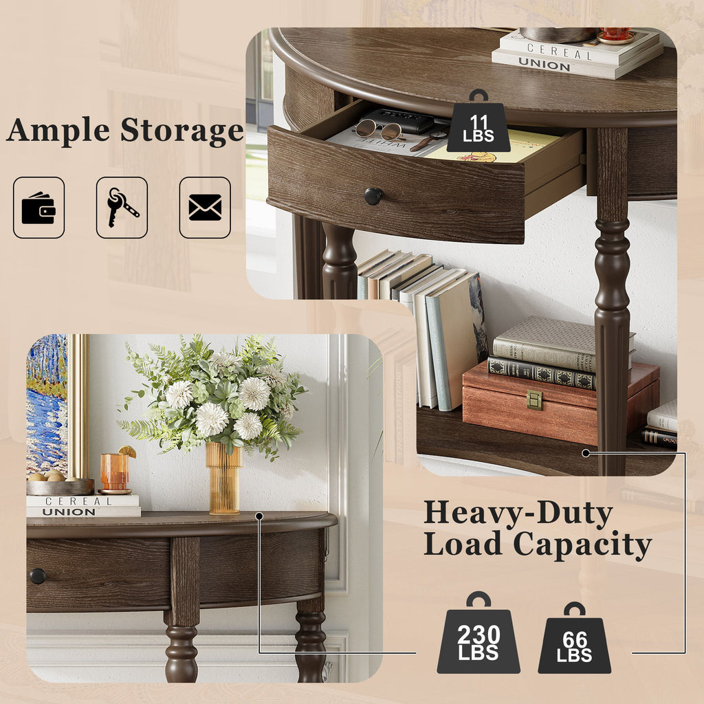 Half Moon Console Table With Drawer & Shelf For Living Room - Walnut