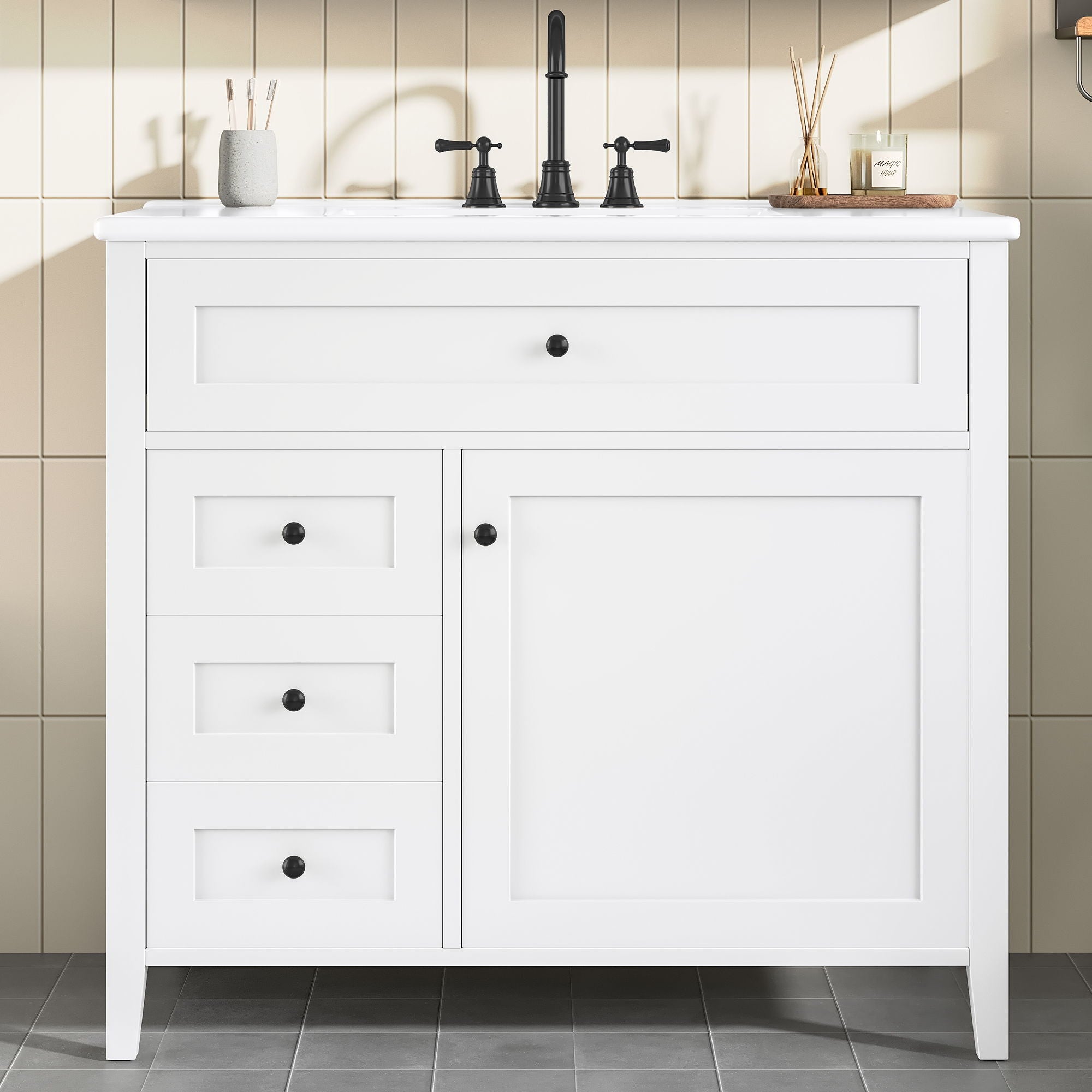 Bathroom Vanity With Sink, 3 Drawers & Cabinet With Adjustable Shelves