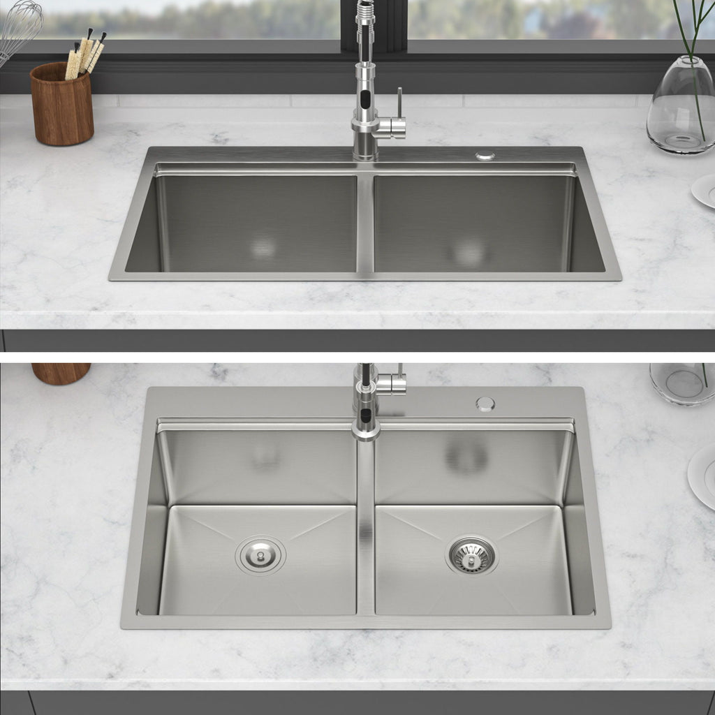 Topmount Drop In Kitchen Sink, Double Bowl 50 / 50 - Brushed Nickel