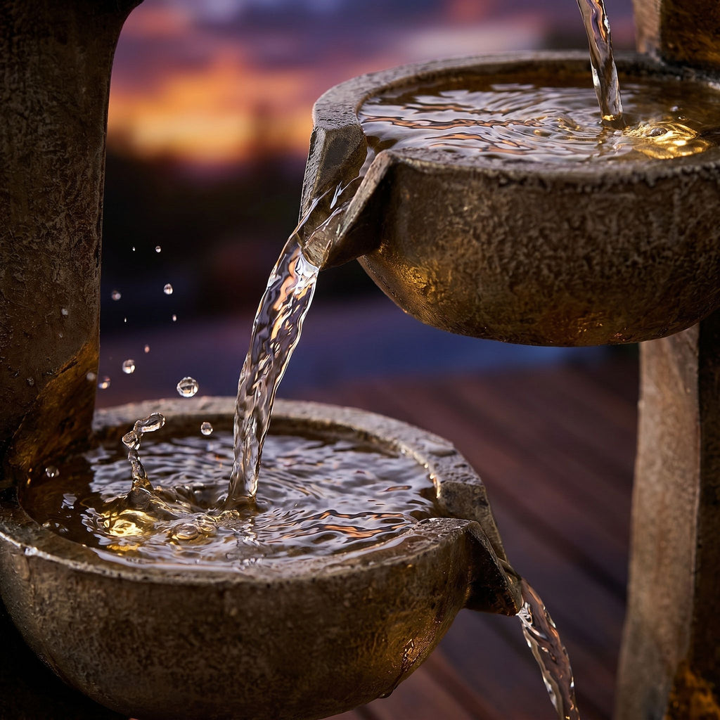 Outdoor Water Fountain With Warm LED Lights, 4 Tier Cascading Bowl For Patio - Brown