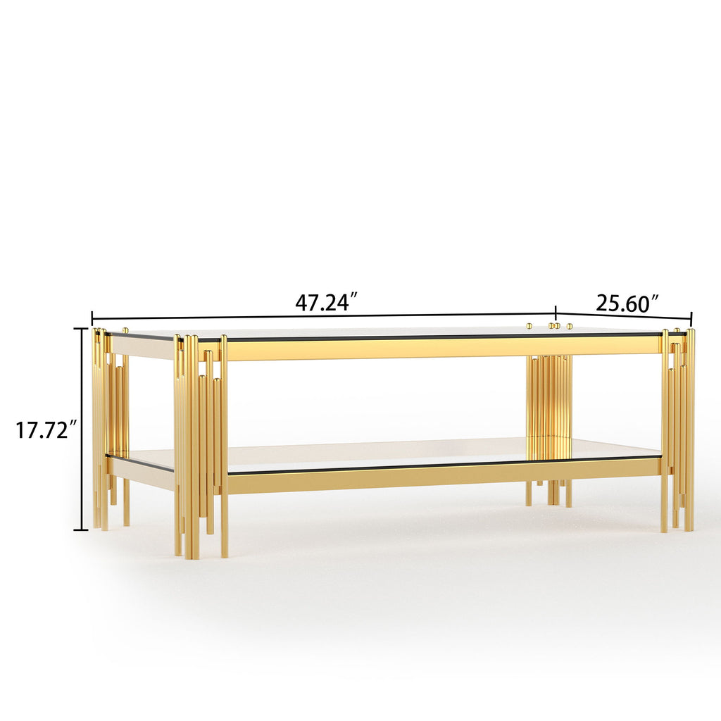 Top And Bottom Double Layer Tempered Glass Table And Mirror Finished Stainless Steel Frame