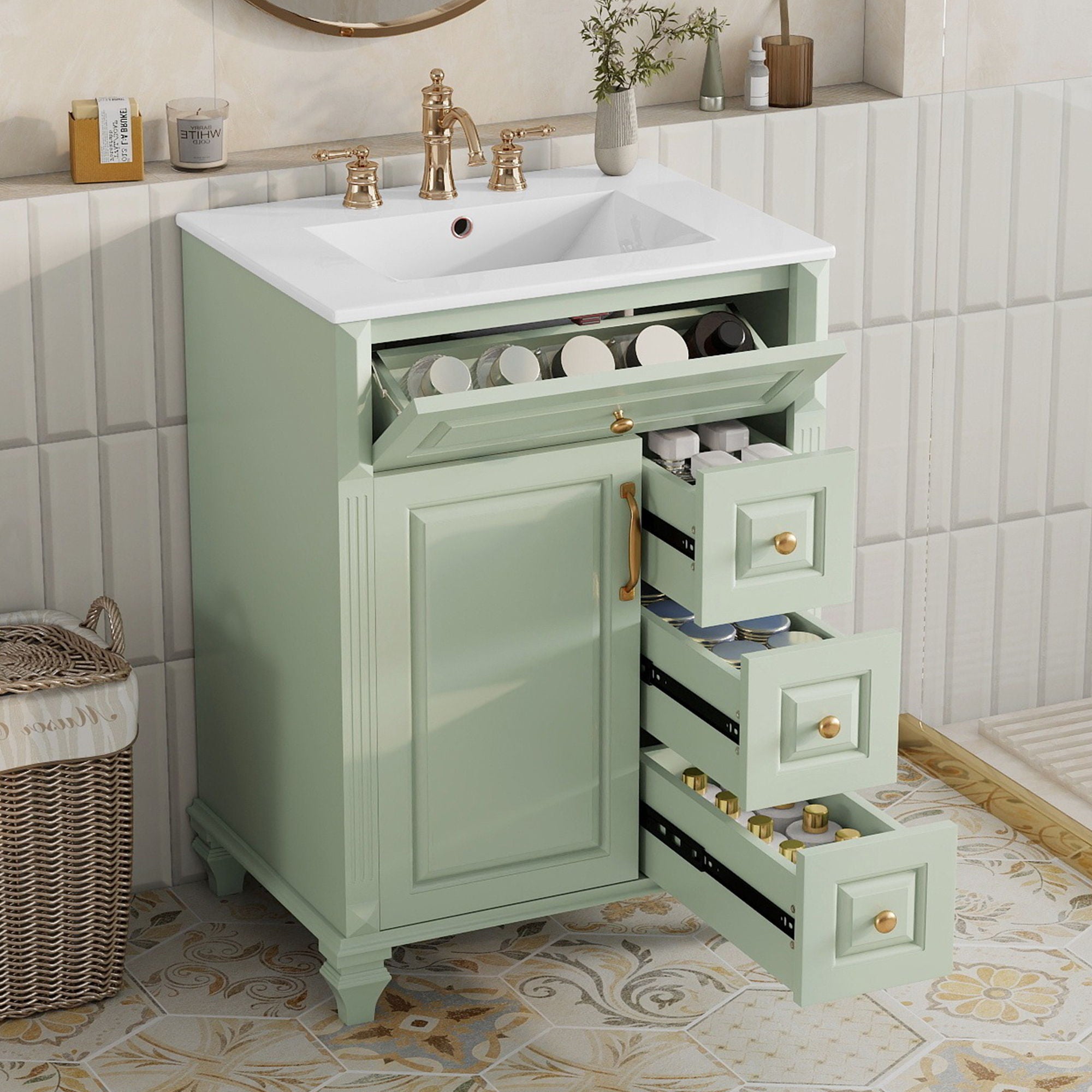 Freestanding Bathroom Vanity With Sink, 3 Drawers & Flip-Out Drawer