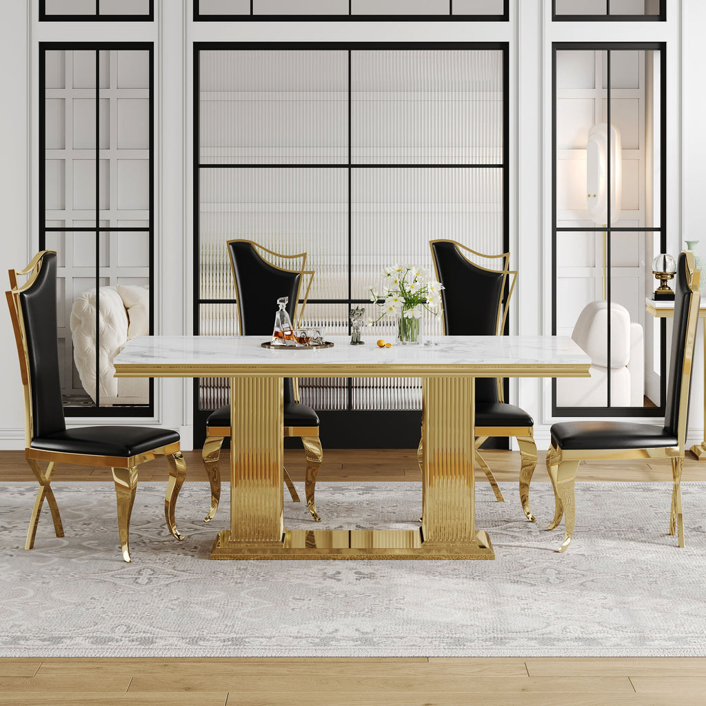 Marble Printed Top Rectangular Dining Table, Stainless Steel Base With Mirrored Finish
