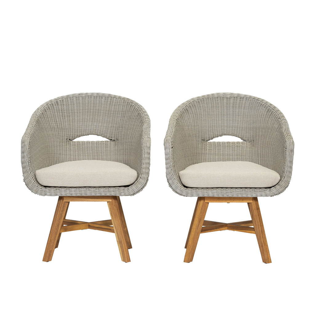 Modern Coastal Rattan Dining Chairs, (Set of 2), Solid Wood Legs - Beige