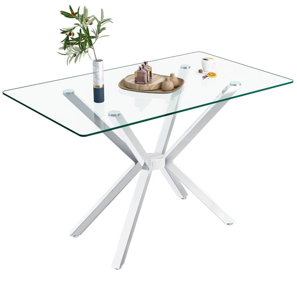 Rectangular Clear Tempered Glass Dining Table, Stylish Design With Plated Metal Legs