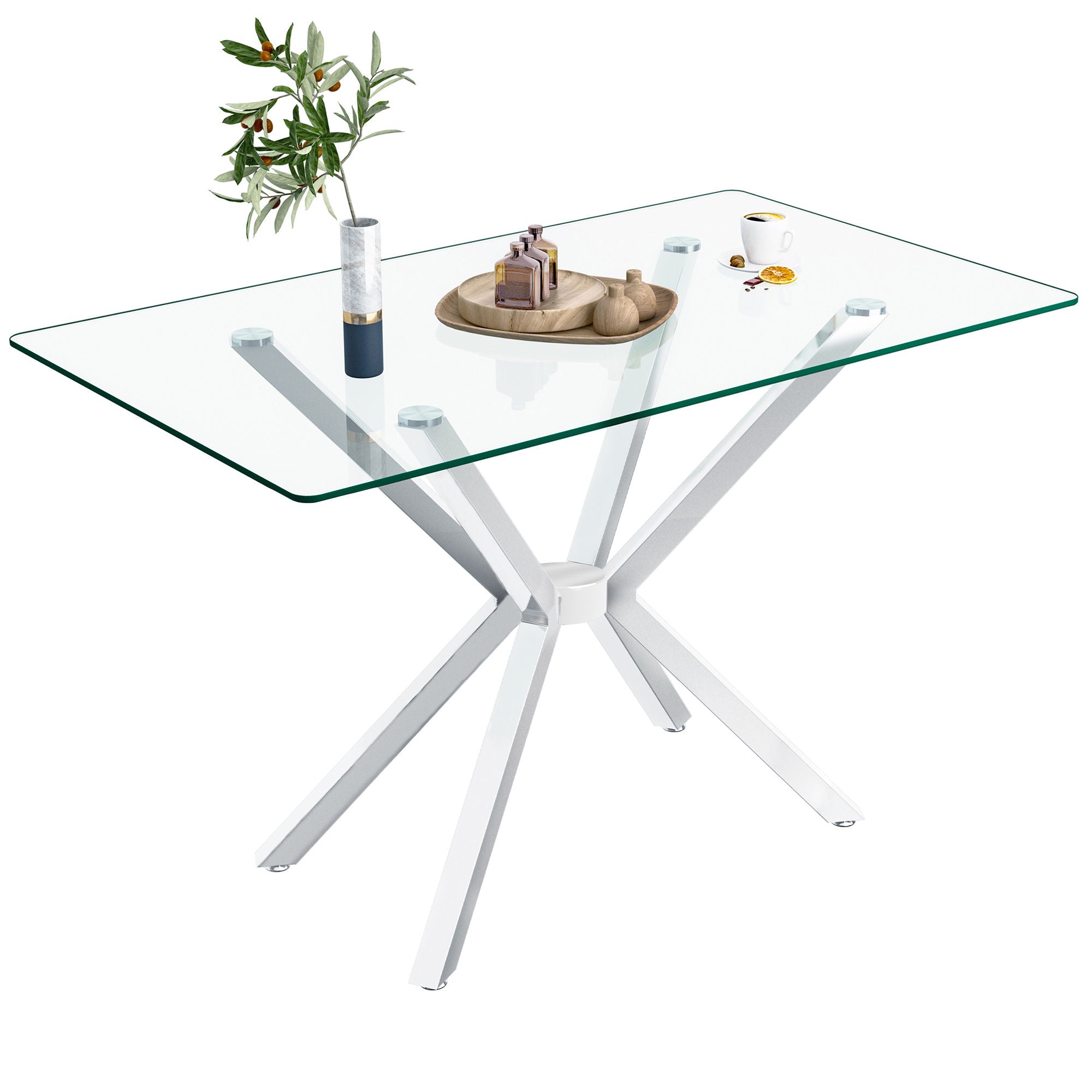 Rectangular Clear Tempered Glass Dining Table, Stylish Design With Plated Metal Legs