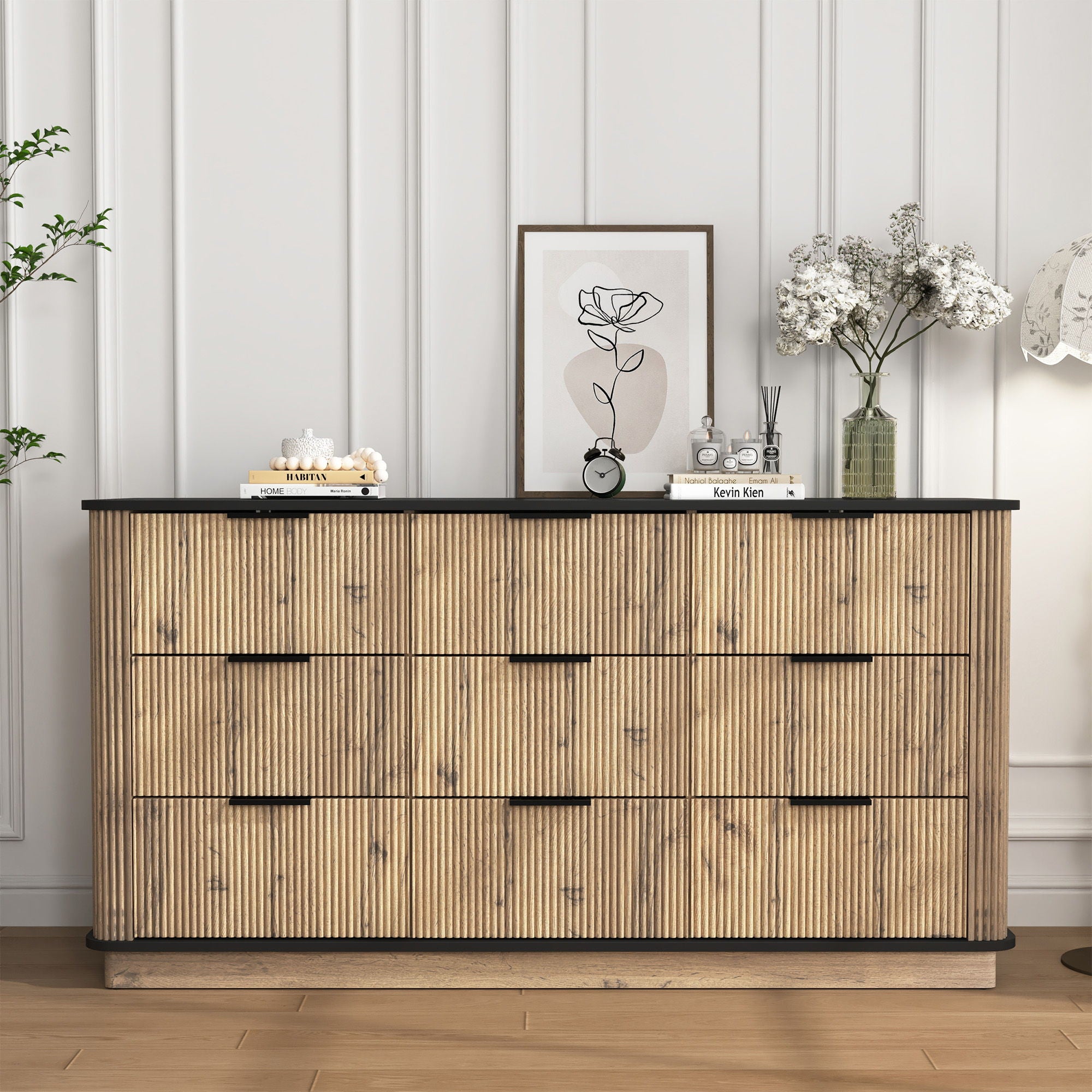 Modern 9 Drawer Cabinet With Metal Rounded Corners Multi Functional Storage - Black