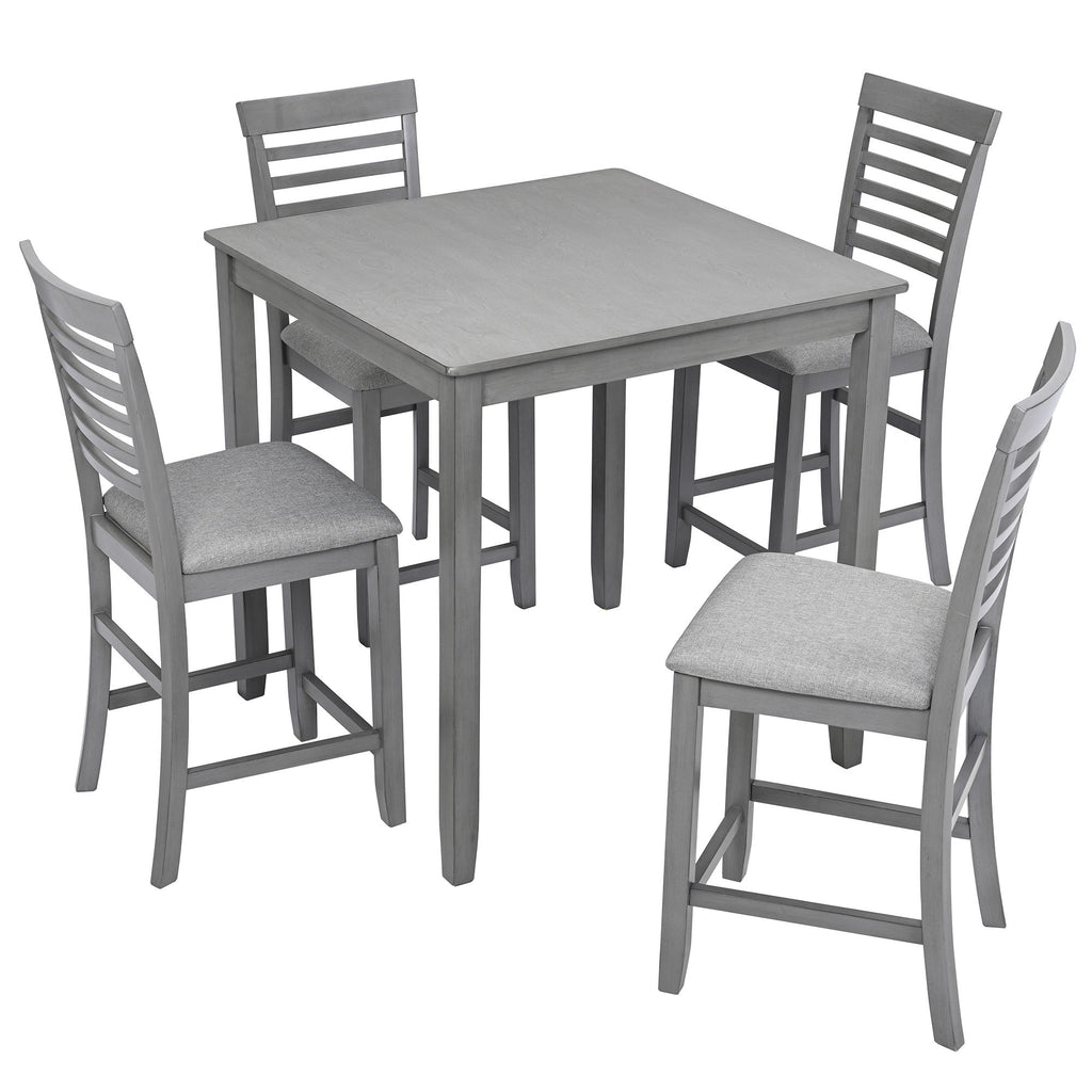5 Piece Dining Table Set, Wooden Dining Square Table Set For 4, Counter Height Kitchen Table Set With Square Table And 4 Upholstered Chairs - Gray