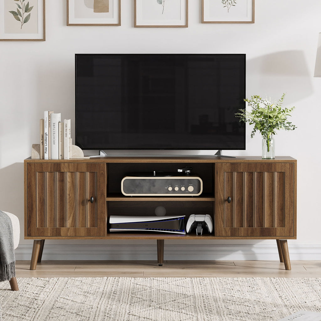 55" TV Cabinet With Vertical Groove Doors, Adjustable Shelves - Walnut