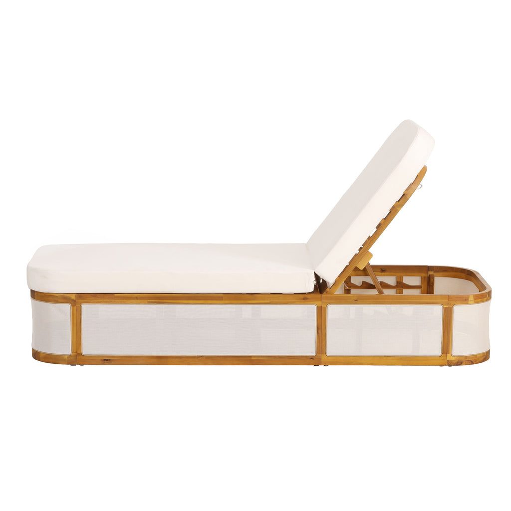 Chaise Lounge Set With 2 Fold Cushion, 3 Position Backrest - Beige / Cream / Teak