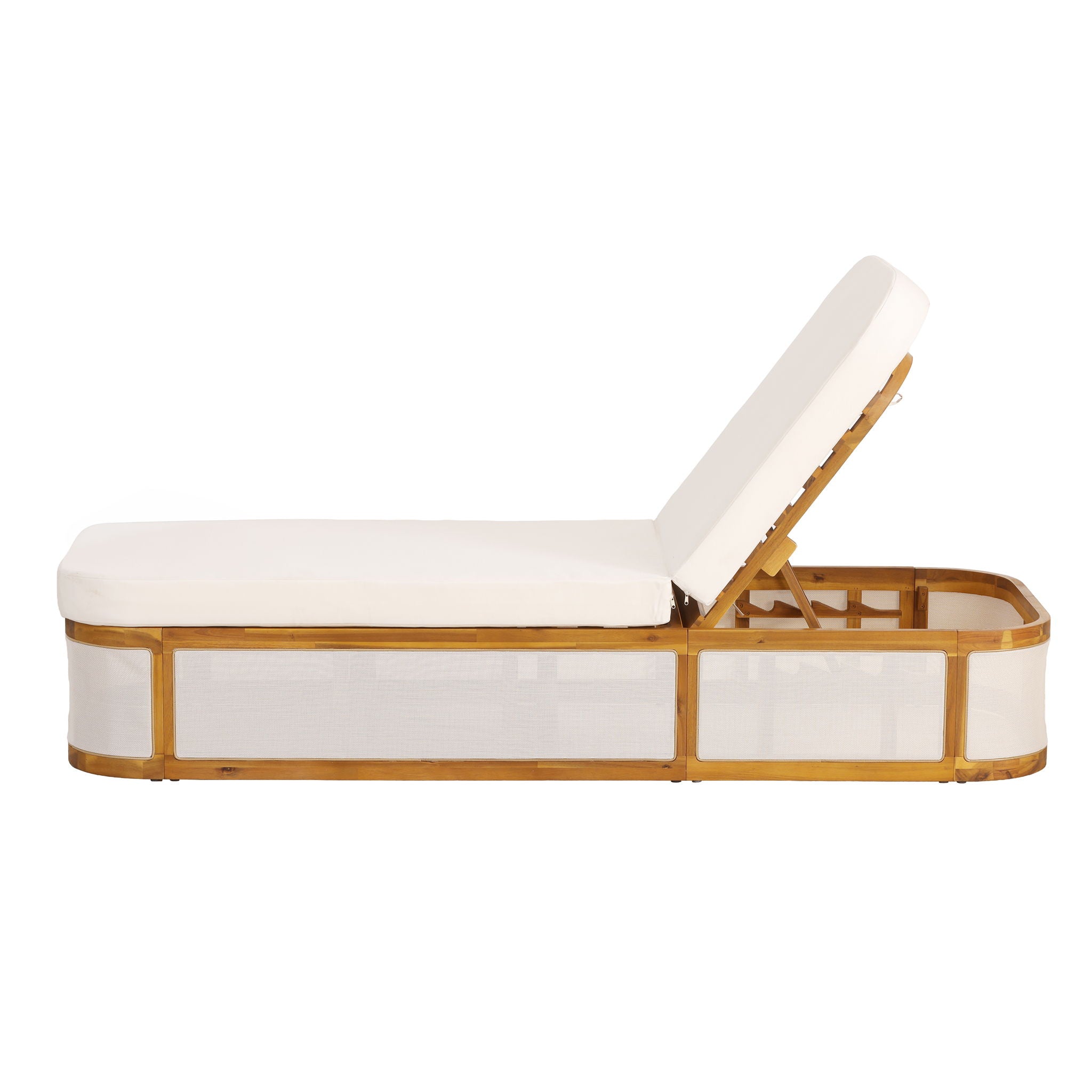 Chaise Lounge Set With 2 Fold Cushion, 3 Position Backrest - Beige / Cream / Teak