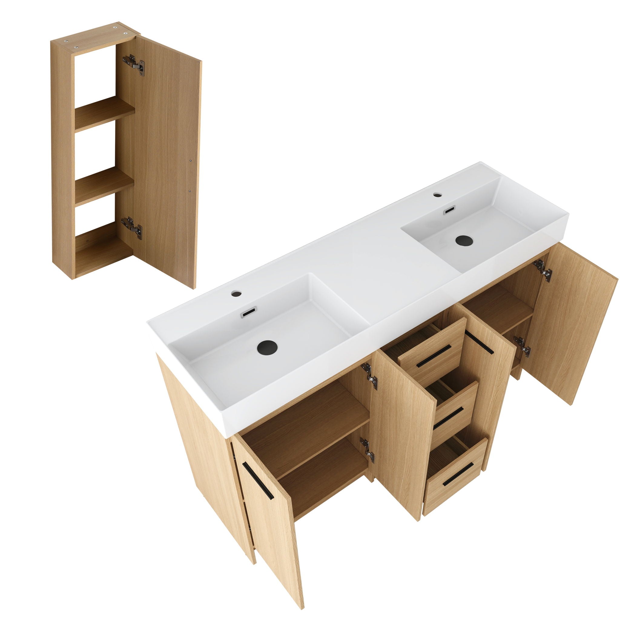 Double Sink Bathroom Vanity Set With Tall Linen Cabinet, 3 Drawers, Extra Large Storage, Integrated Sink, Freestanding Cabinet - Light Oak / White