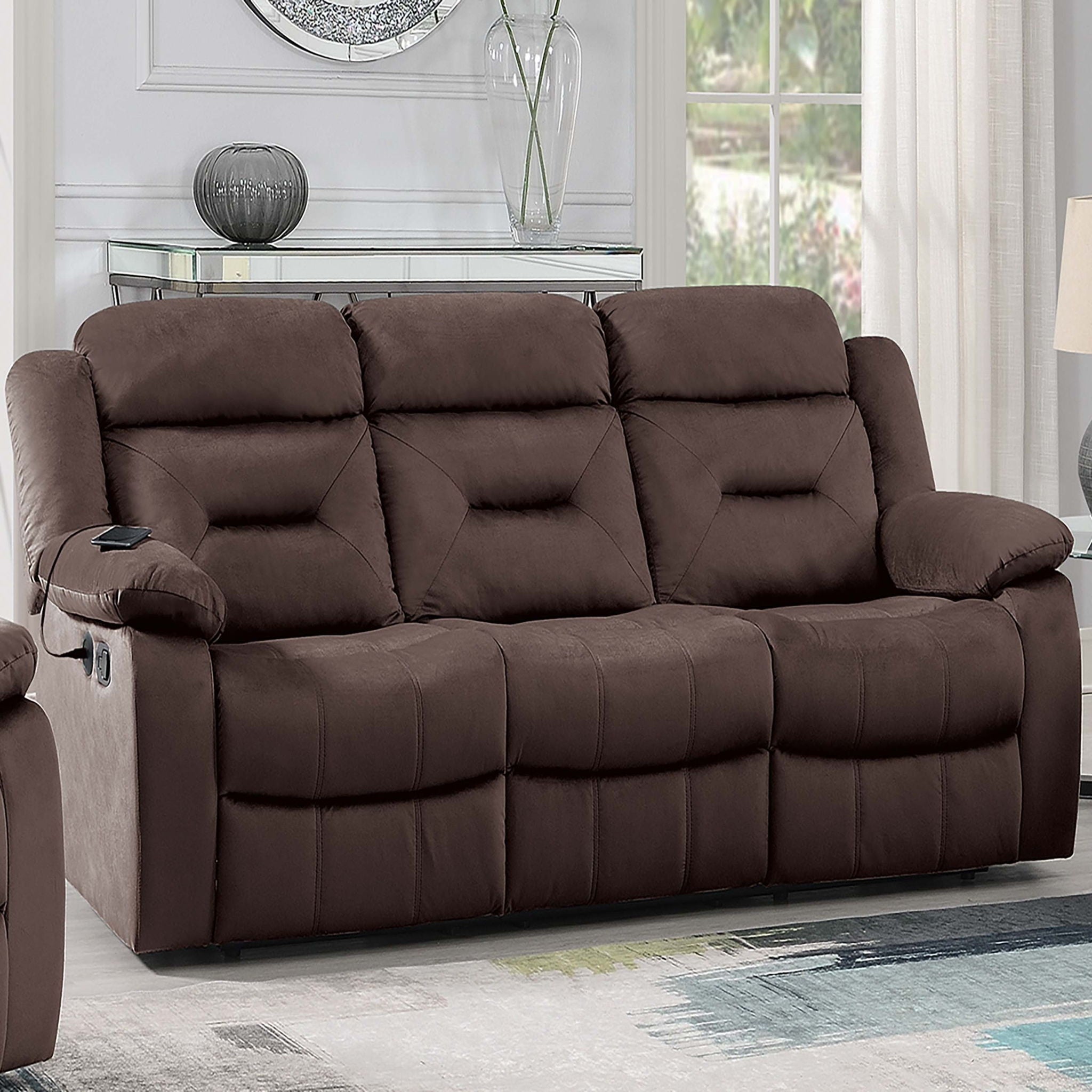 Modern Recliner Sofa With Pillow Arms, Plush Backrest, Horizontal Tufting, USB Charging Port