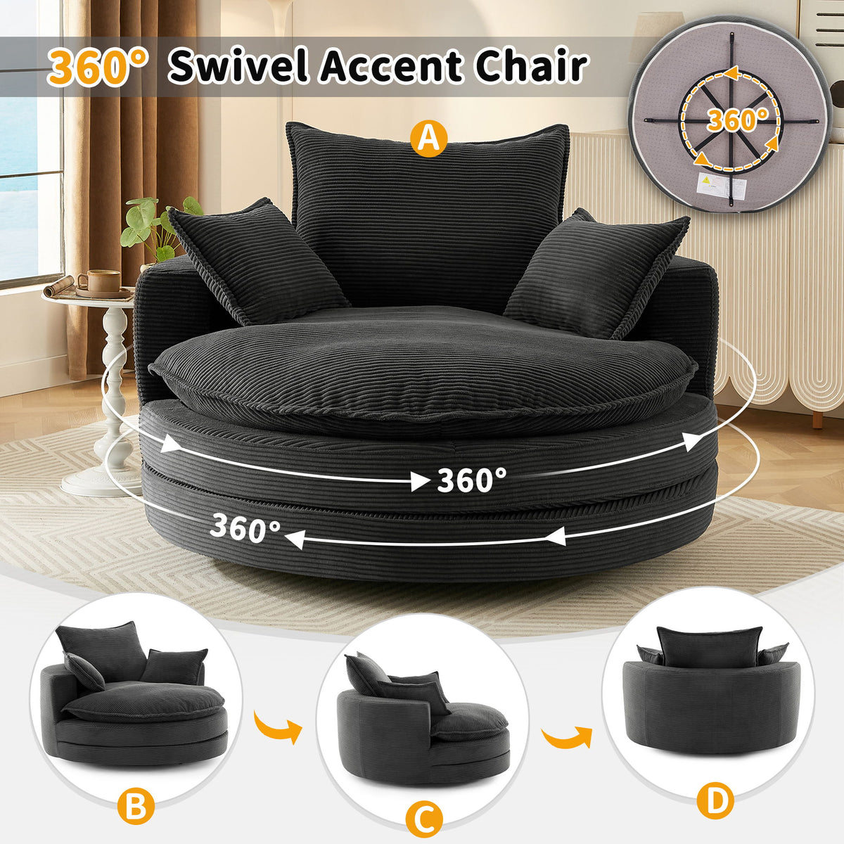 360° Swivel Accent Barrel Chair With Dual Layer Cushion And 3 Removable Pillows