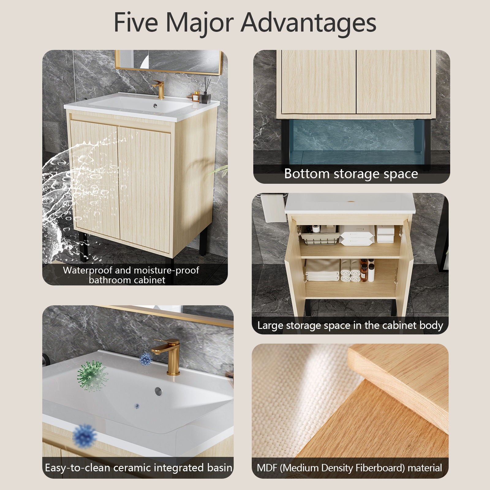 Bathroom Vanity With Ceramic Sink, Floor-Standing Design, Soft-Closing Drawers
