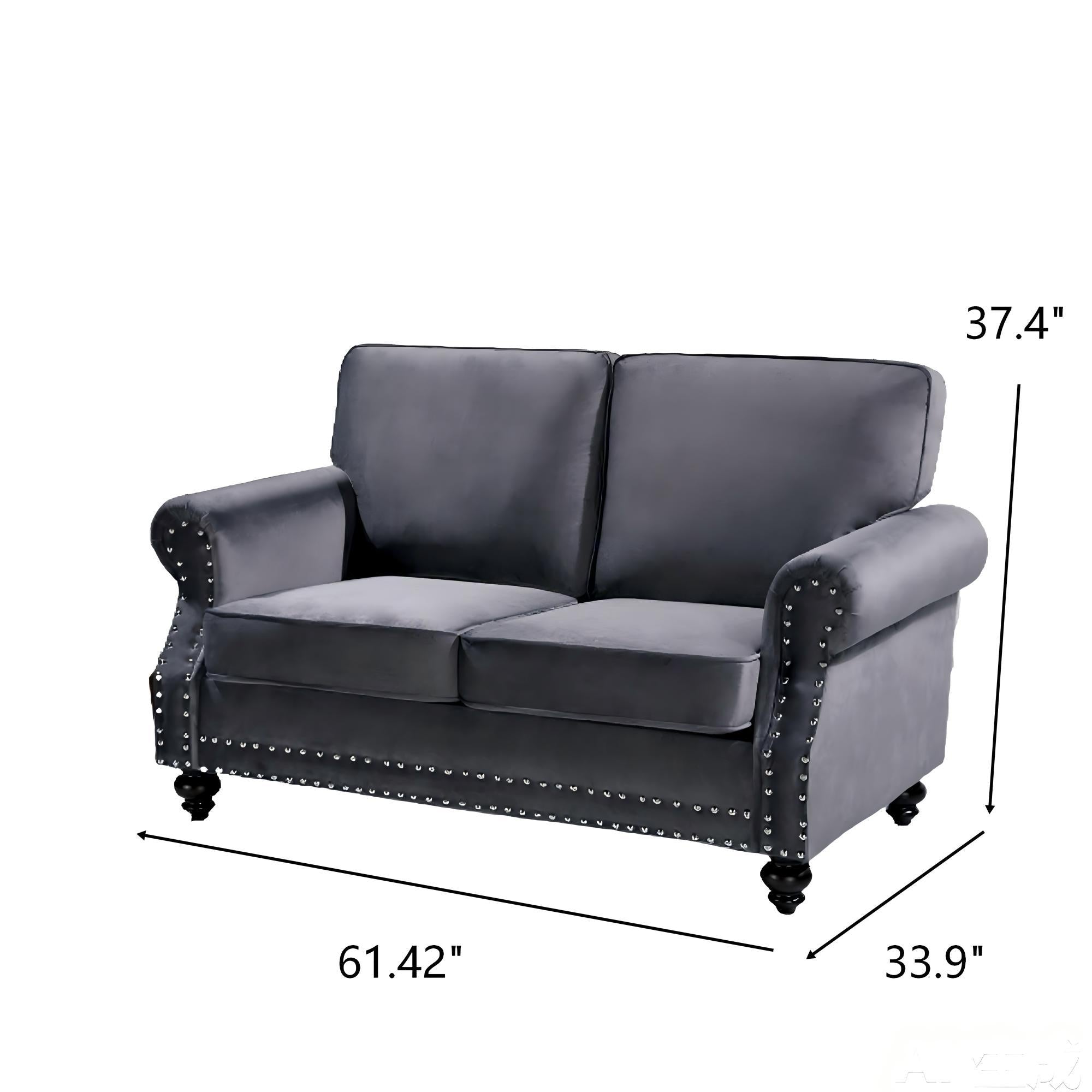 Loveseat Sofa With Nailhead Detail & Turned Legs, 2 Seater Upholstered Couch