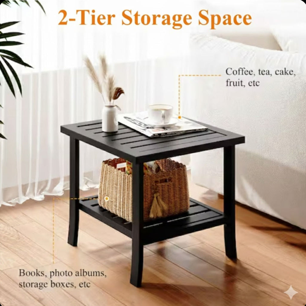 Square 2 Tier All-Weather Outdoor Side Table With Slatted Top