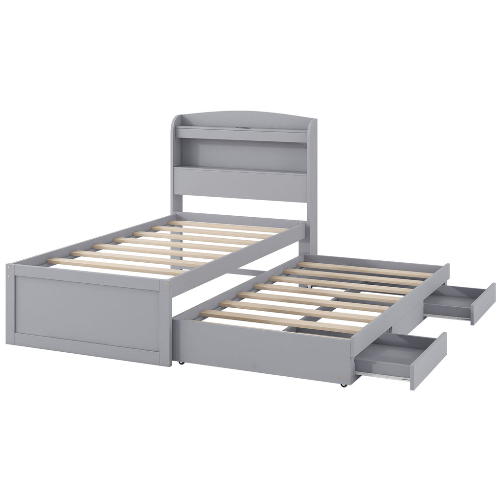 Platform Bed With LED Headboard, Charging Station, Trundle And 2 Drawers
