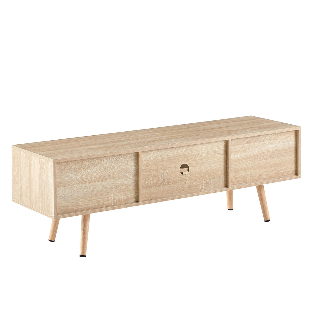 55.12" Rattan TV Cabinet, Double Sliding Doors For Storage, Adjustable Shelf, Solid Wood Legs, TV Console For Living Room