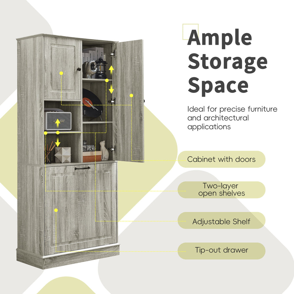 Modern Tall Storage Cabinet With Adjustable Shelves, Flip-Out Basket & Enclosed Doors