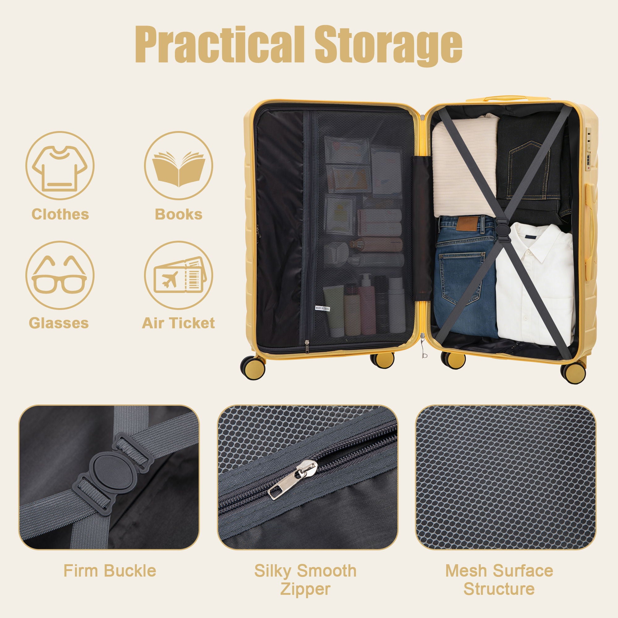 Hard Shell Luggage With Scratch Resistant Surface, 4 Wheels, Combination Lock & Side Hooks