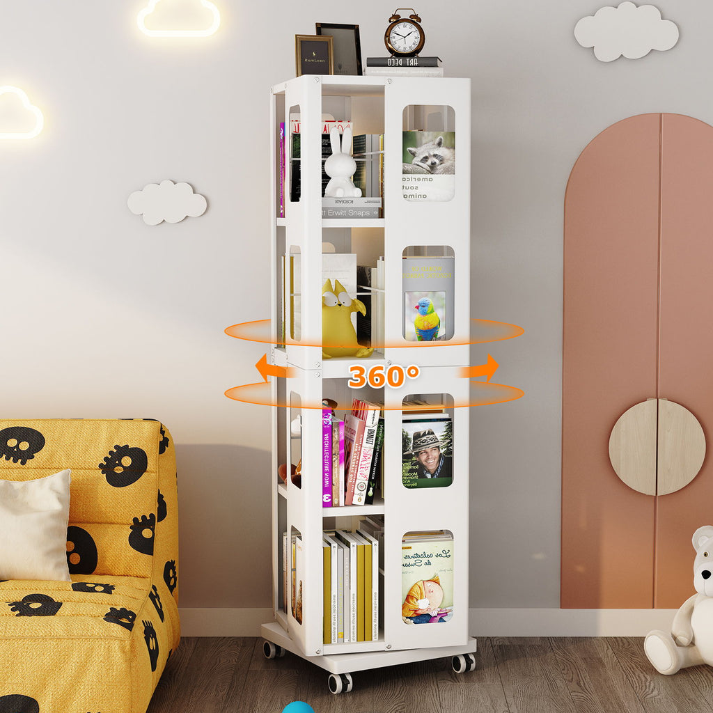 4 Tier All Steel Rotating Bookshelf With 360° Wheels, Large Size Sturdy & Spacious Book Rack, New Style Bookshelf - White