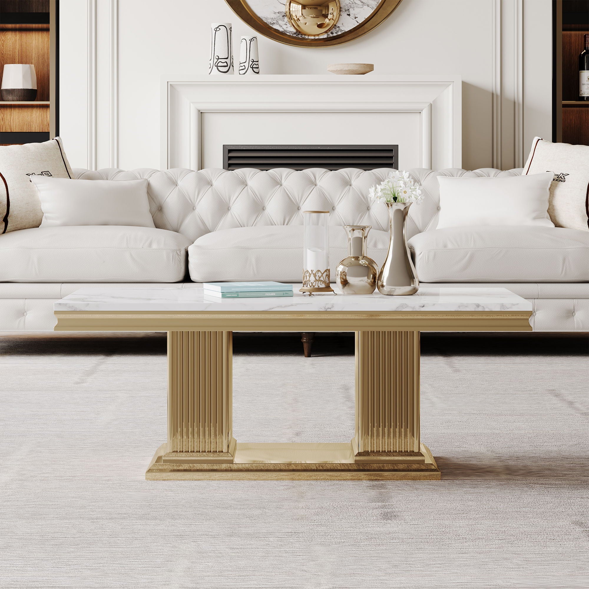Printed Top Rectangular Console Table, Base With Mirrored Finish