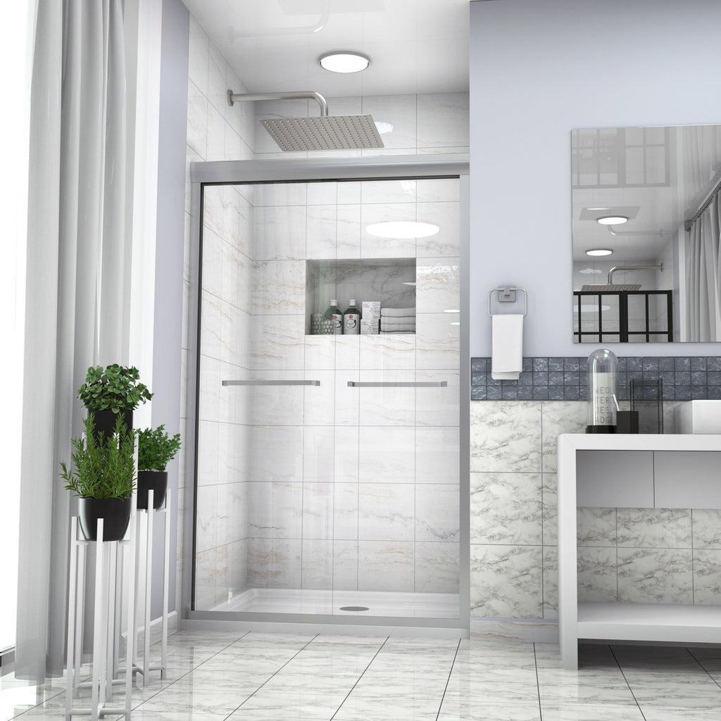Modern Semi Frameless Bypass Sliding Shower Enclosure - Brushed Silver