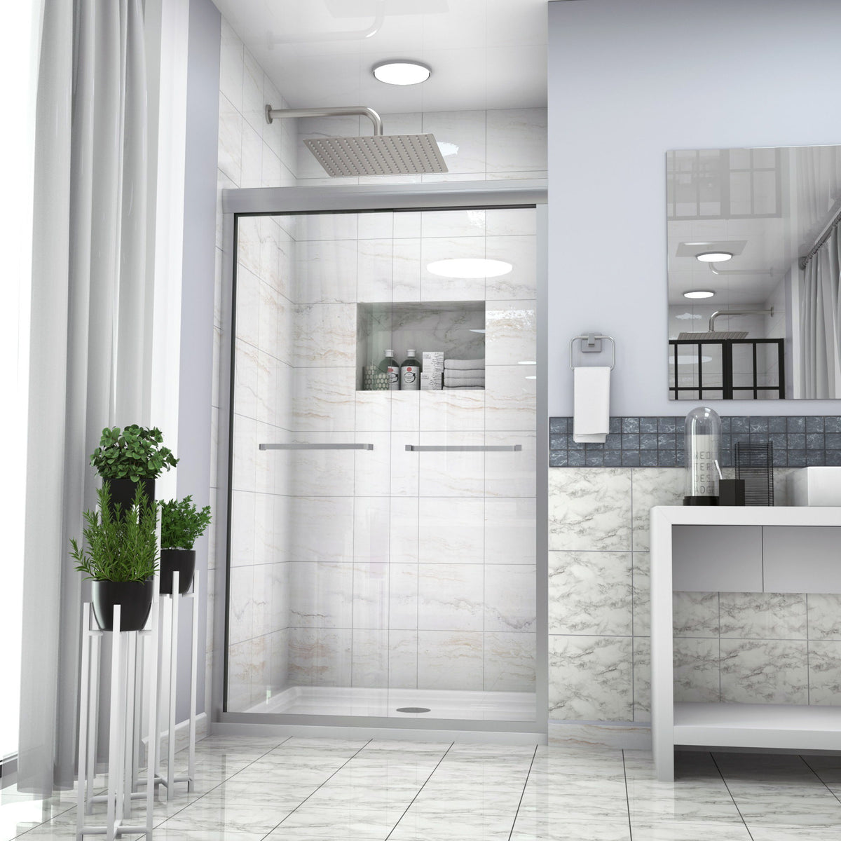 Modern Semi Frameless Bypass Sliding Shower Enclosure - Brushed Silver