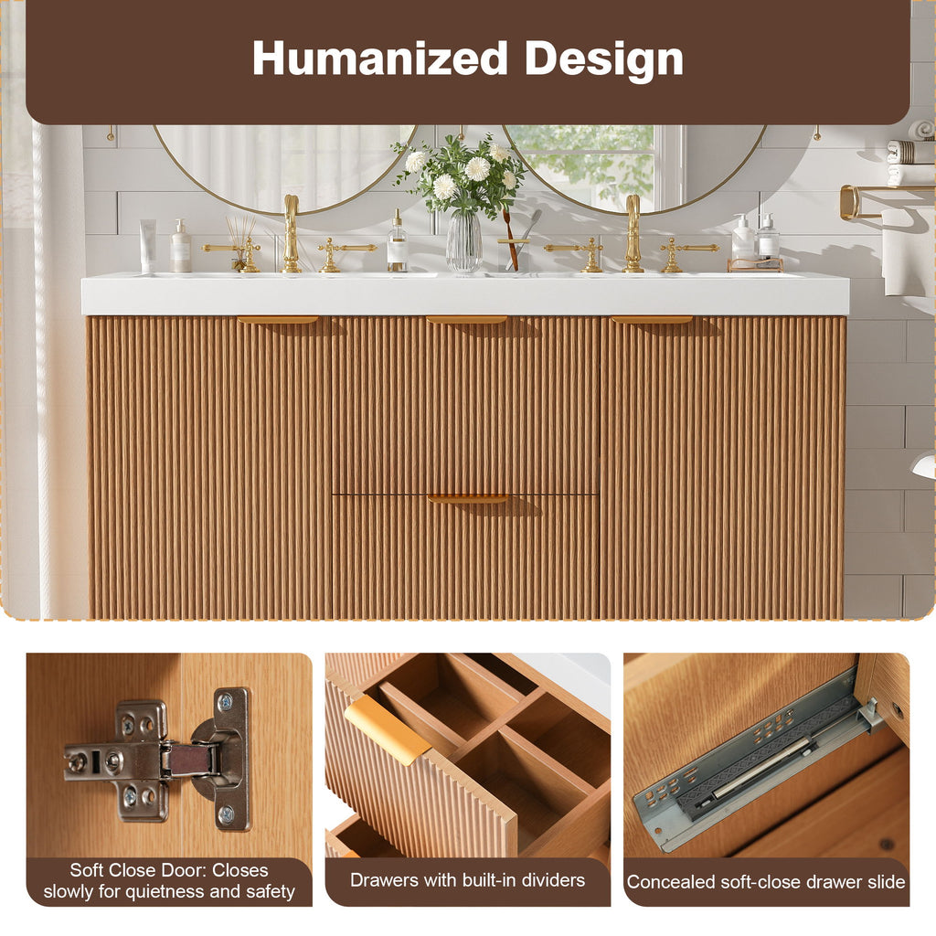 Double Sink Bathroom Vanity, Cabinet, Soft Close Doors, Divided Drawers, Wall Mounted Storage - Wood