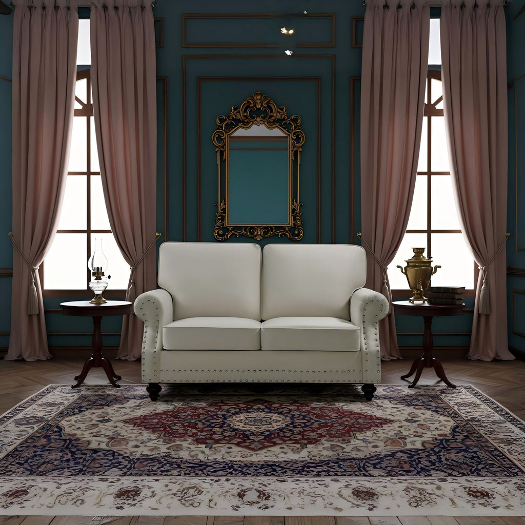 Loveseat Sofa With Nailhead Detail & Turned Legs, 2 Seater Upholstered Couch