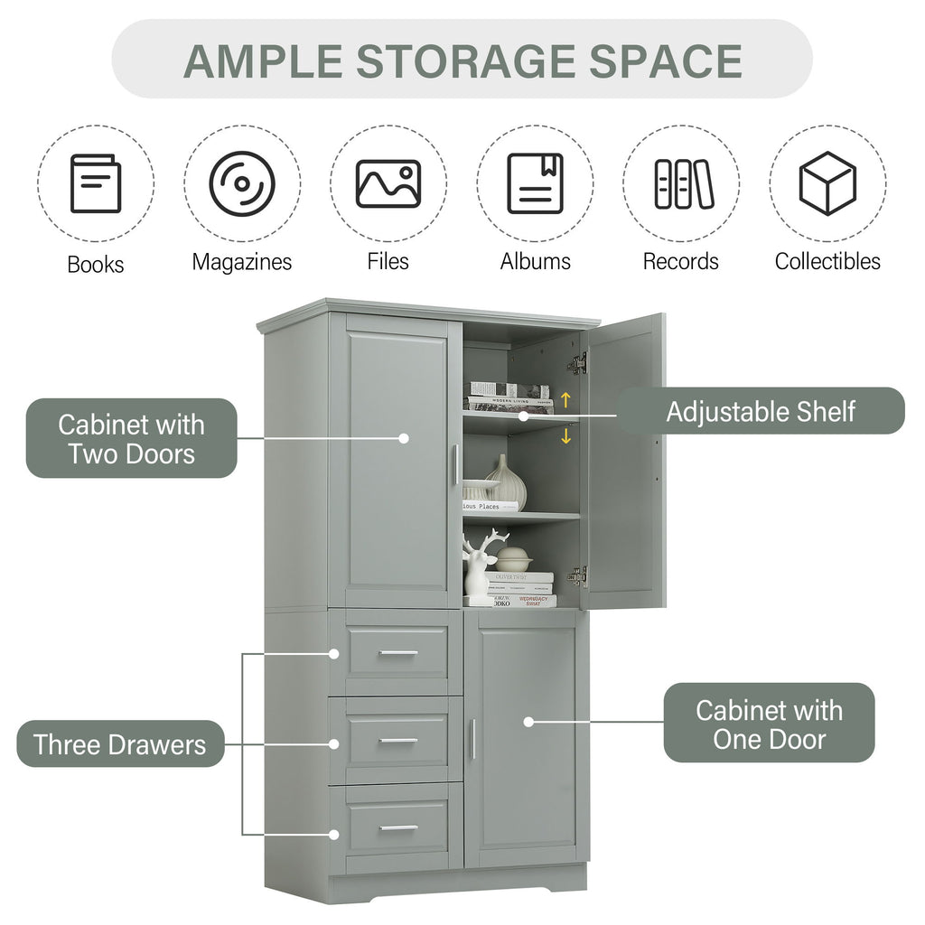 Tall And Wide Storage Cabinet With Doors, 3 Drawers