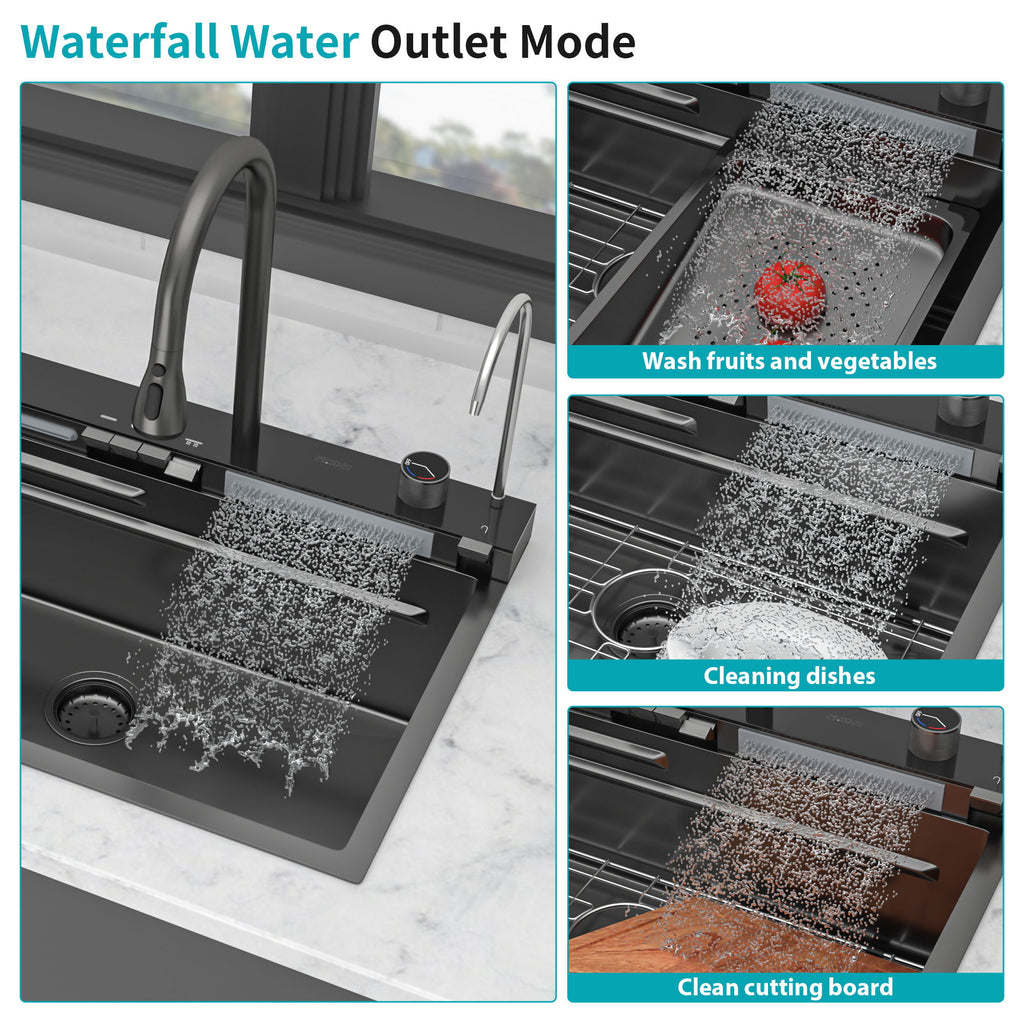 30" Whale Digital Waterfall Sink With LED Display, 16 Gauge Single Bowl Ledge Workstation - Gunmetal Black
