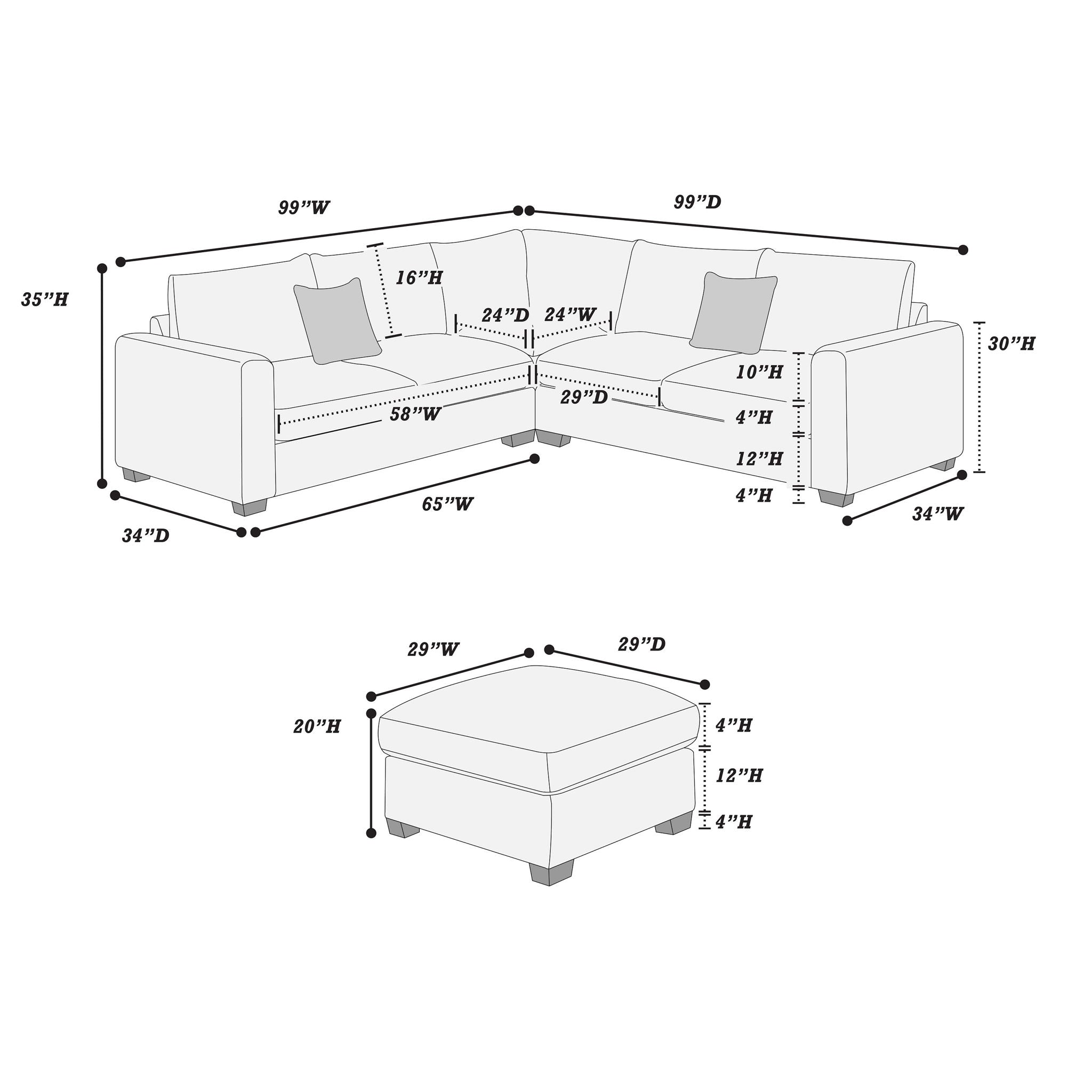 Modern Style L-Shaped Sectional Set With Ottoman