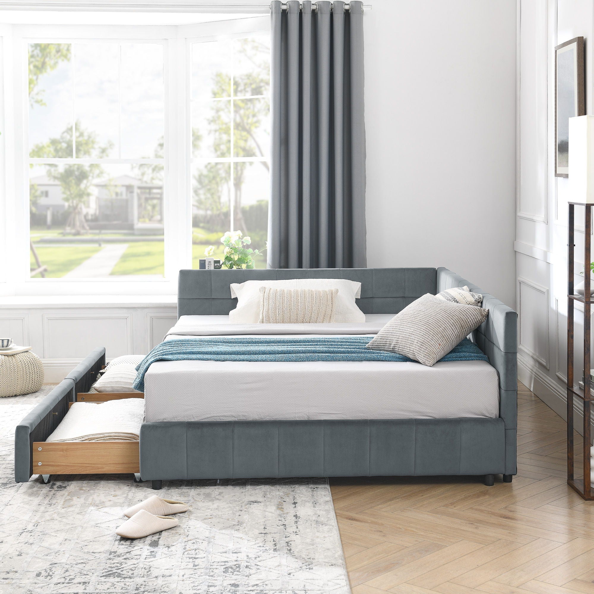 Elegant Storage Upholstered Tufted Bed Frame With Backrest And Armrests