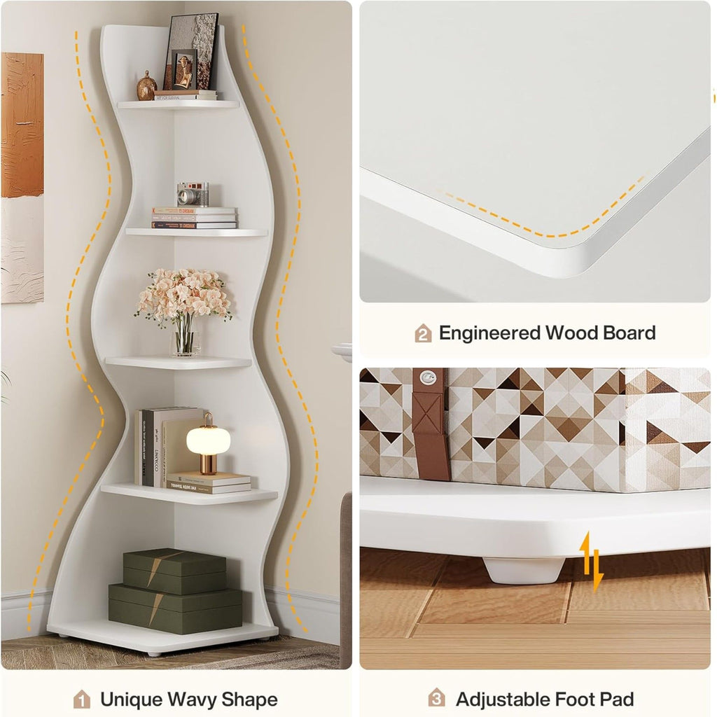 5 Tier Wavy Corner Bookshelf And Plant Stand For Living Room