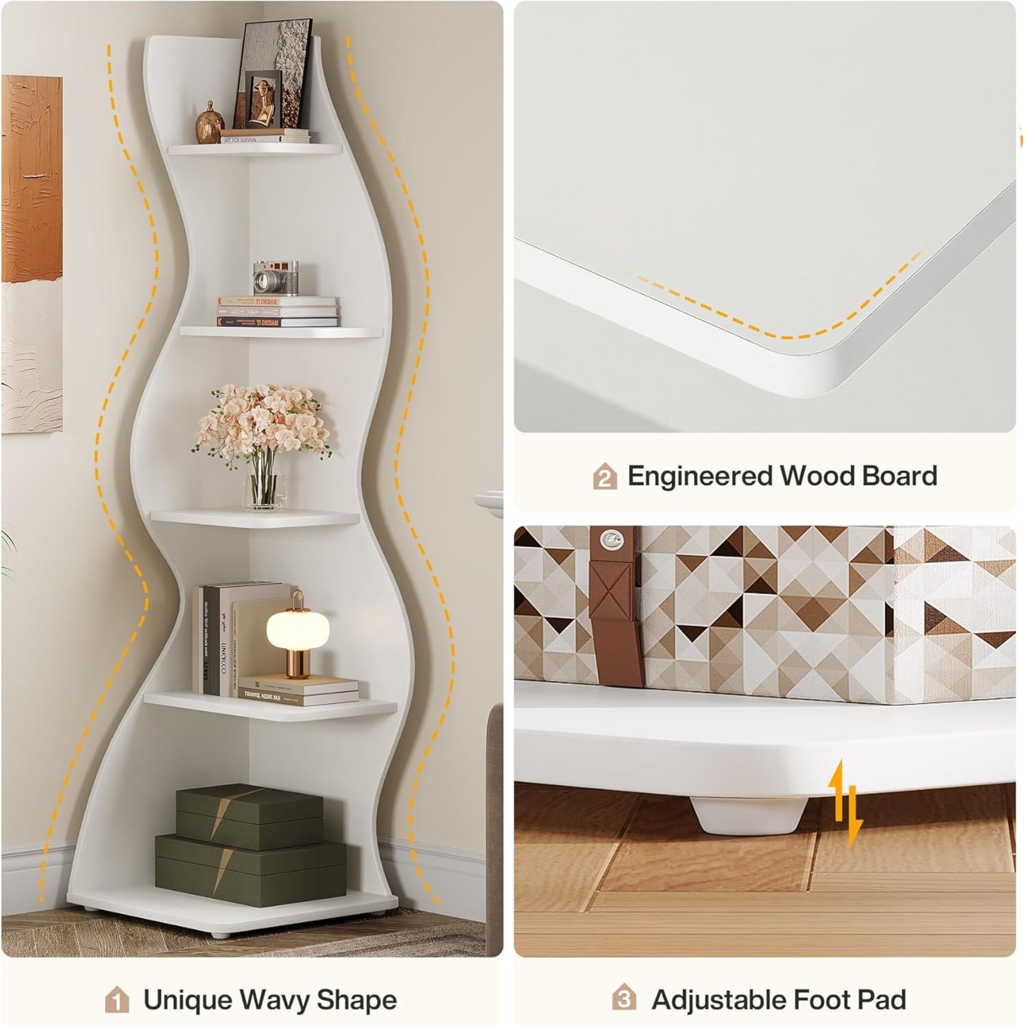5 Tier Wavy Corner Bookshelf And Plant Stand For Living Room