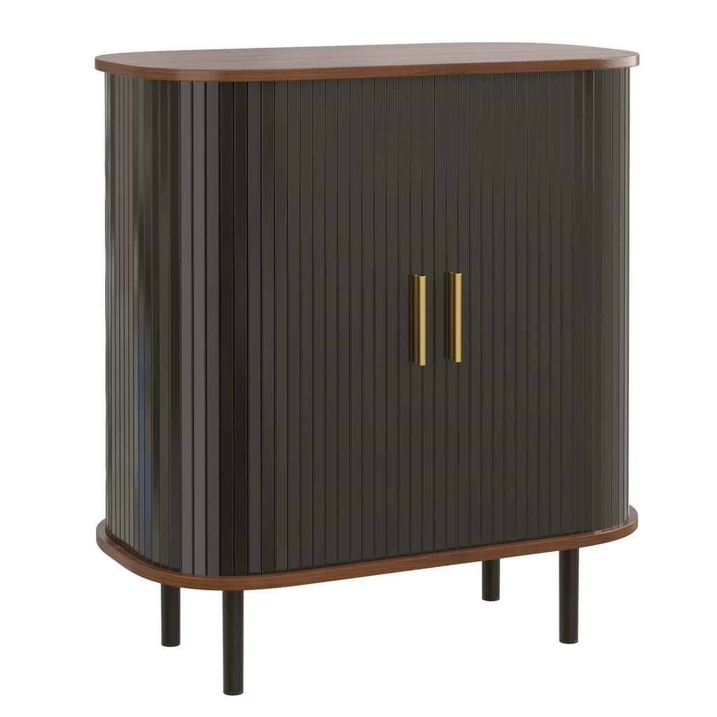 Fluted Wine Bar Cabinet With 8 Grid Wine Rack, 5 Level Adjustable Shelves, 2 Glass Holders