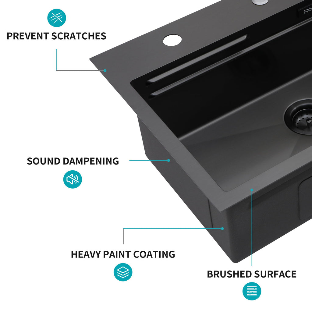 Drop In Waterfall Kitchen Sink With Pull Out Faucet & Cup Washer