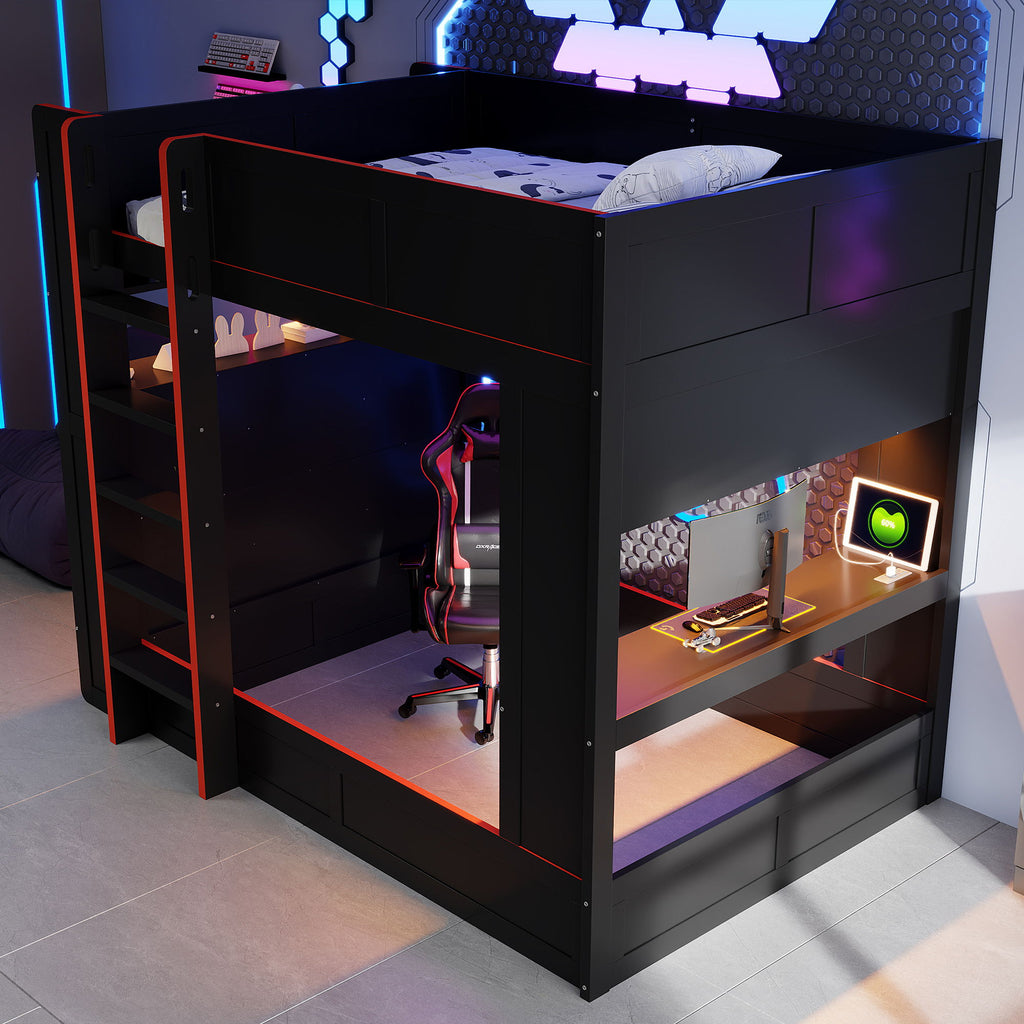 Full Size Gaming Bunk Bed With Desk, Storage Shelves, LED And Charging Station - Black