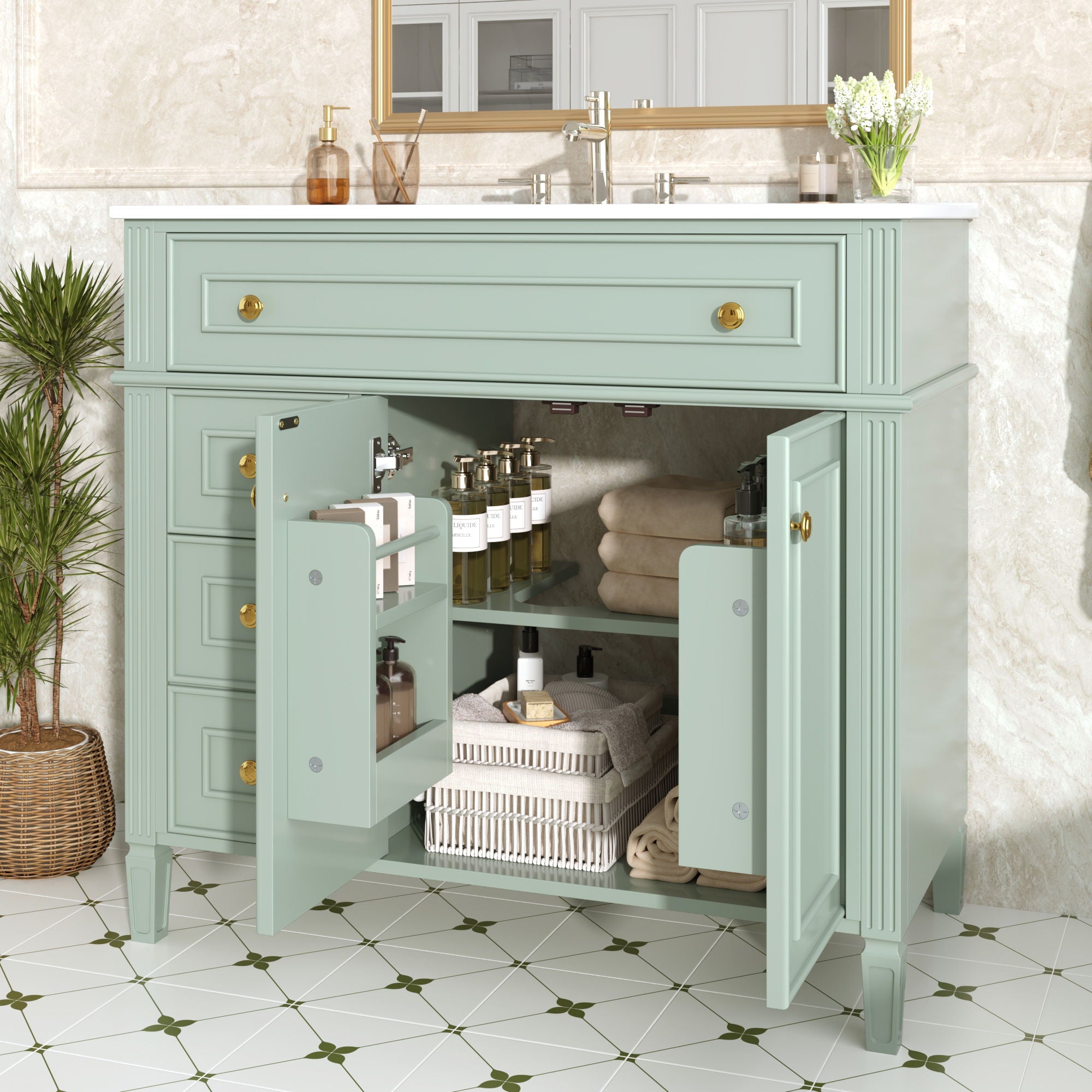 Bathroom Vanity With Sink, 3 Drawers & 2 Doors