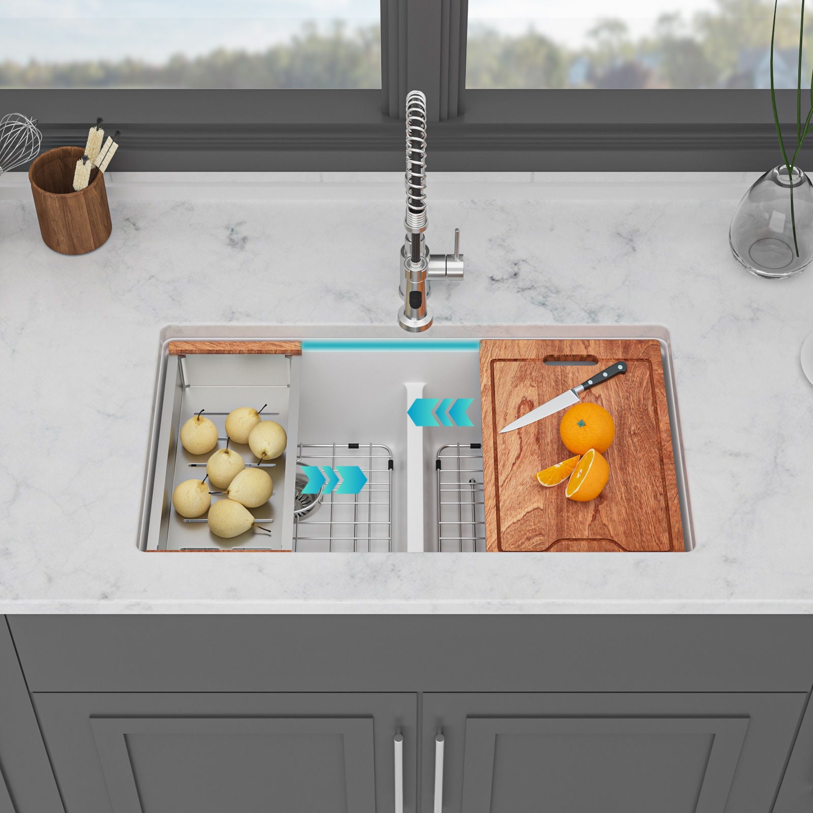 Quartz Kitchen Sink, Granite Composite Double Bowl, Undermount Workstation