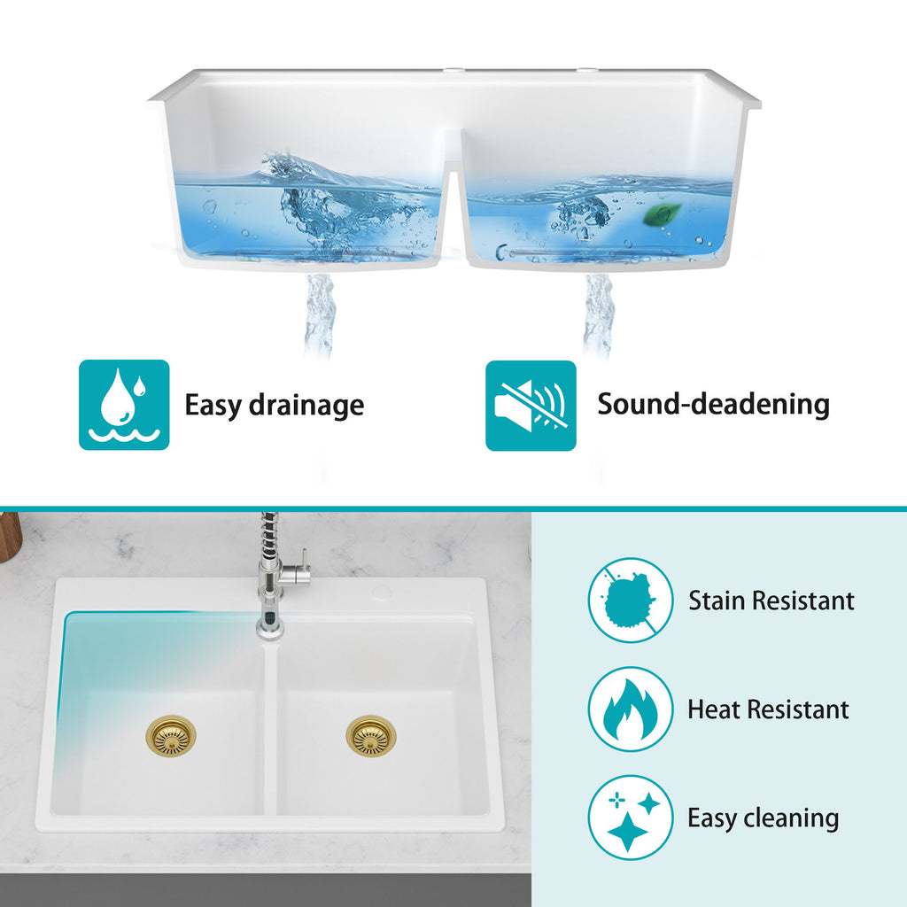 Quartz Kitchen Sink, Granite Composite Double Bowl, Undermount Workstation