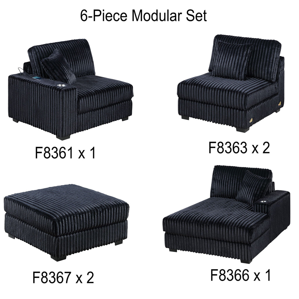 6 Piece Modular U Sectional Sofa Set With USB Cup Holder, Low Leg - Black