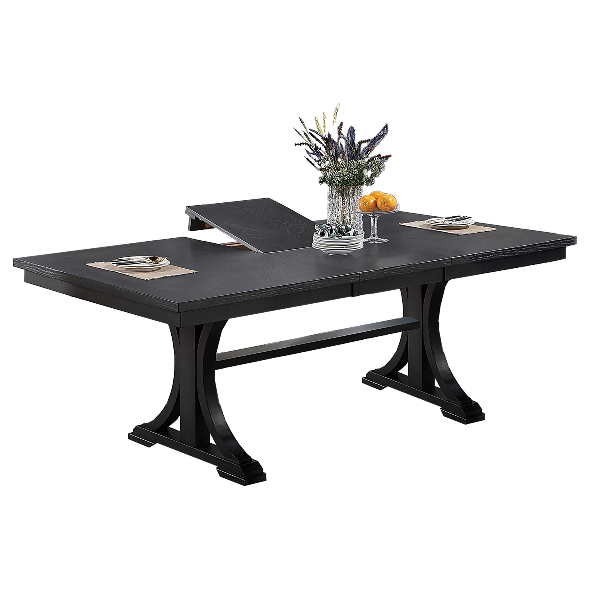 7 Piece Set, Trestle Dining Table And 6 Side Chairs With Cutout Back - Black / Charcoal / White