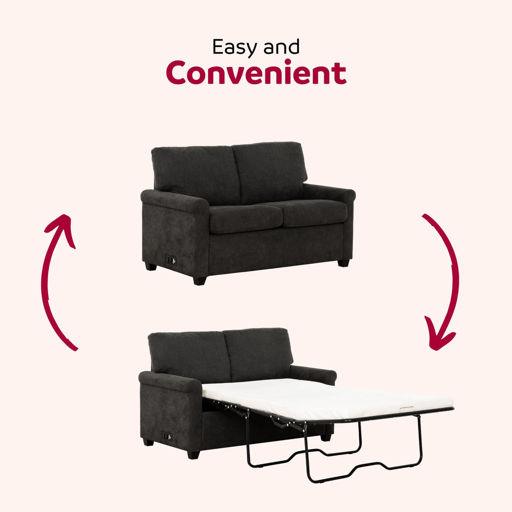 Convertible Twin Sleeper Sofa With USB Ports, 2 Seater Upholstered Loveseat - Dark Gray